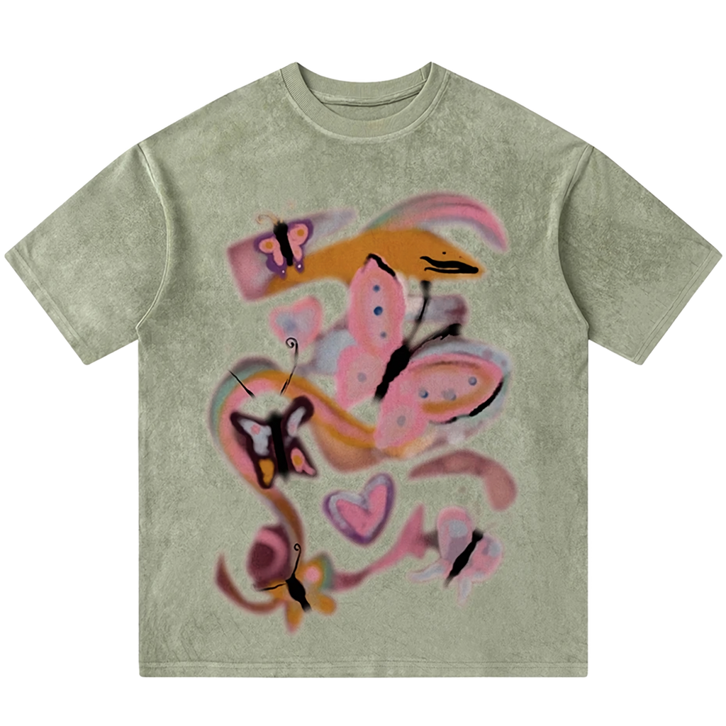 Pastel Butterfly Print Suede Velvet T-Shirt