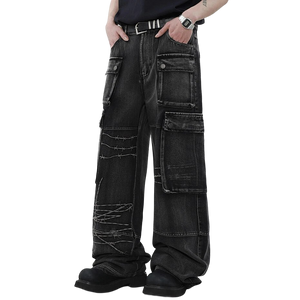 Barb Wire Embroidered Wide-Leg Black Denim Cargo Jeans