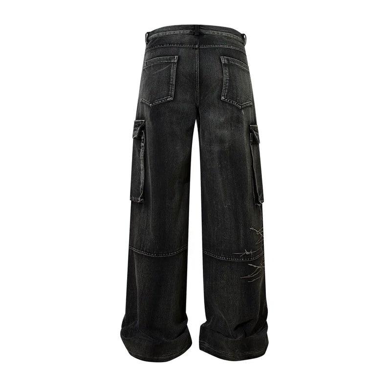 Barb Wire Embroidered Wide-Leg Black Denim Cargo Jeans