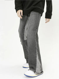 Gray Patchwork Stacked Flare Leg Denim Jeans