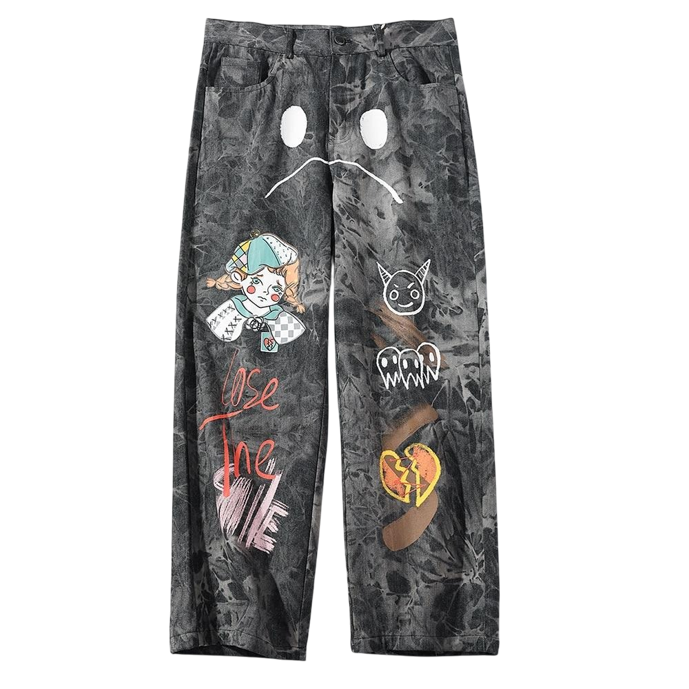 Straight Leg Chinos with Creature Print and Acid Wash Tie Dye