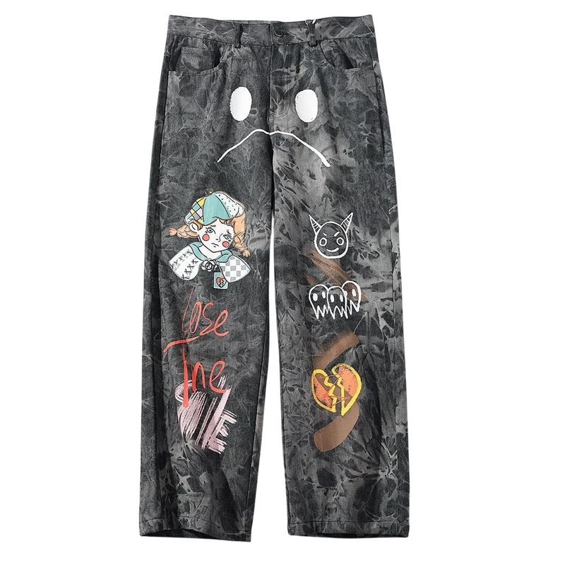 Straight Leg Chinos with Creature Print and Acid Wash Tie Dye