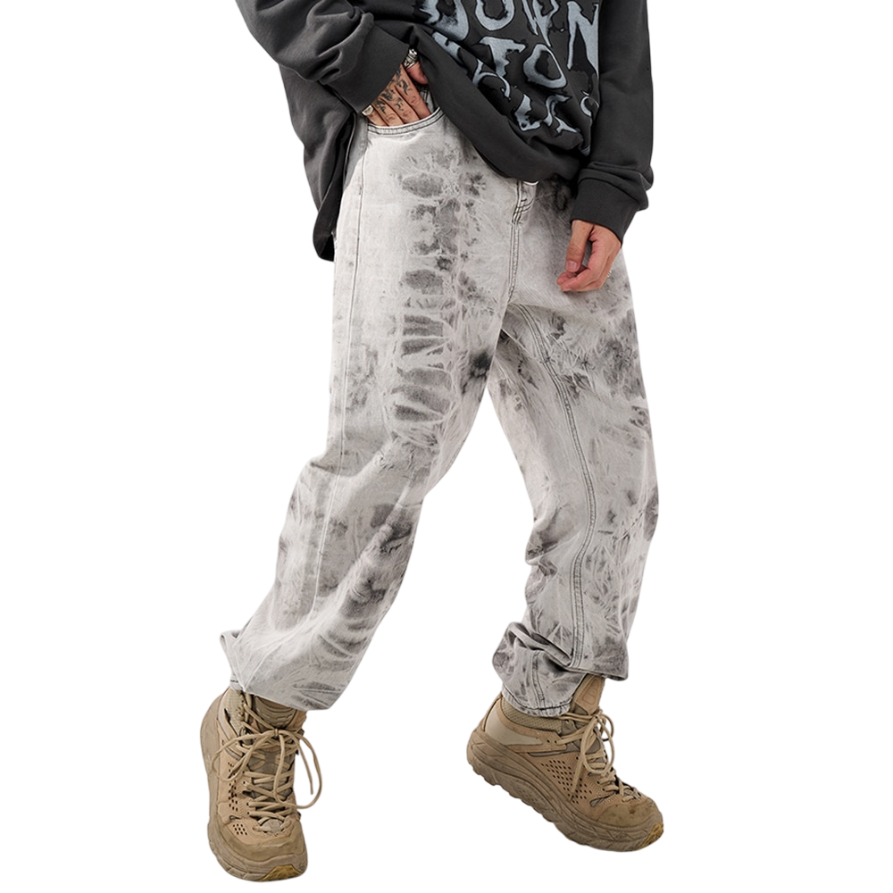 Straight Leg Denim Jeans in Grayscale Tie Dye