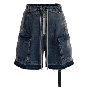 Rugged Denim Utility Shorts with Frayed Hem