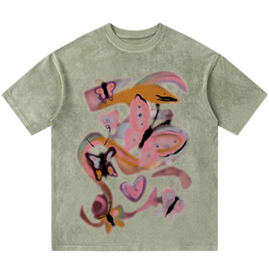 Suede-Finish T-Shirt with Pastel Butterfly Motif