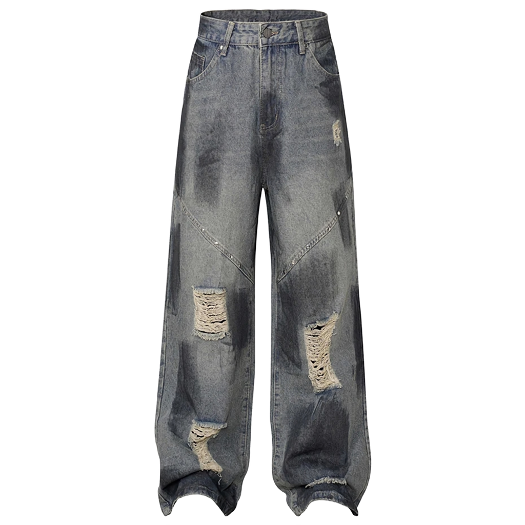 'Varnish' Painted and Torn Wide-Leg Denim Jeans