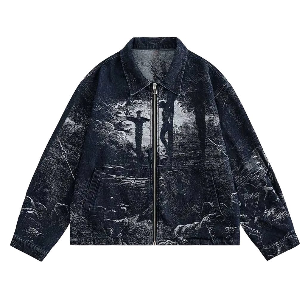 'Prophecy' Custom Print Zip Up Denim Jacket