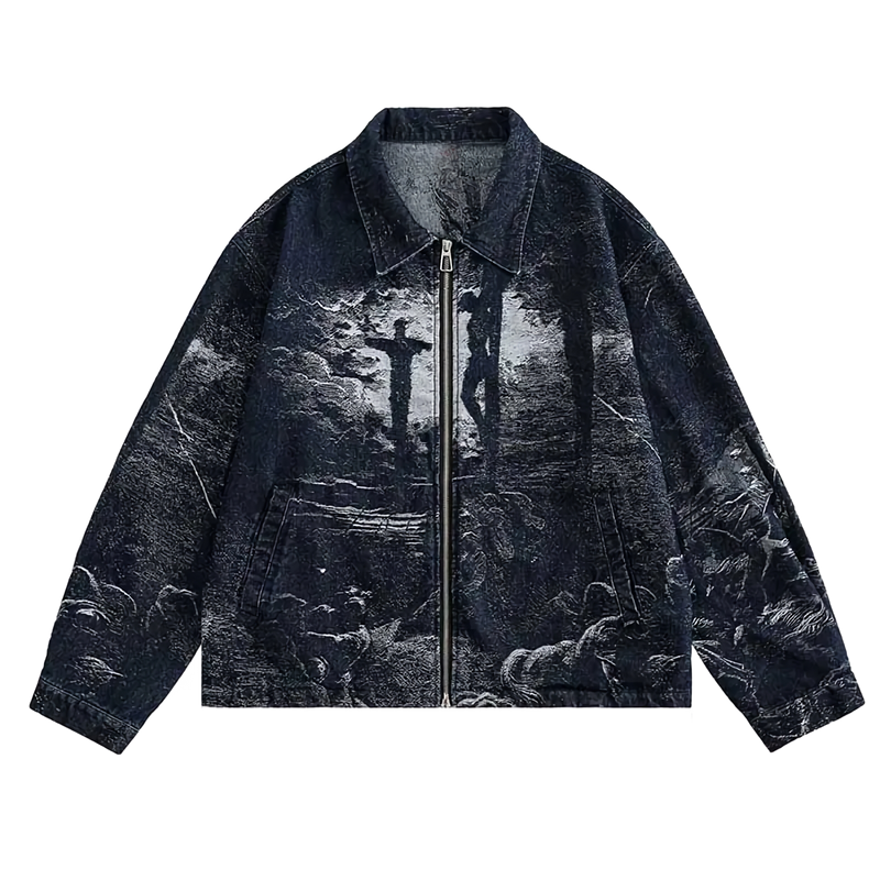 'Prophecy' Custom Print Zip Up Denim Jacket