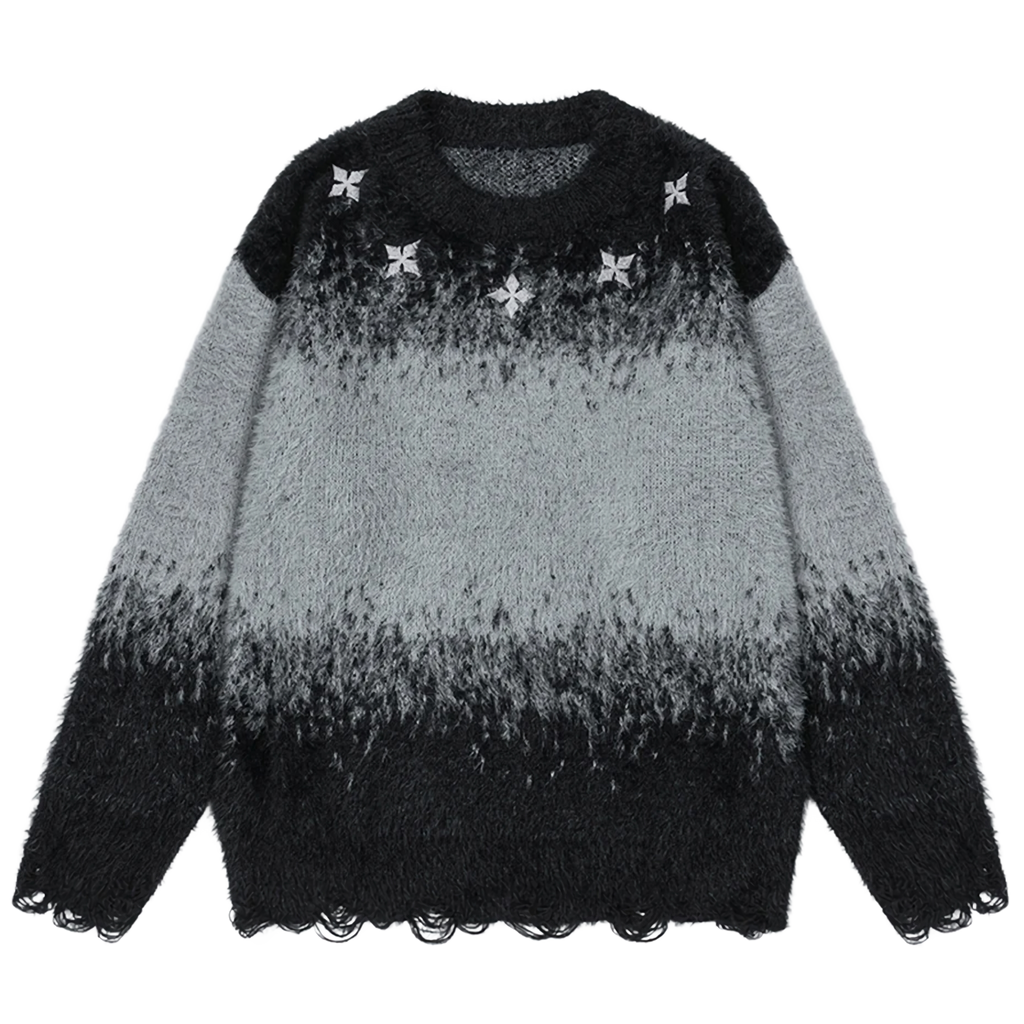 Dip-Dye Embroidered Knit Sweater with Distress