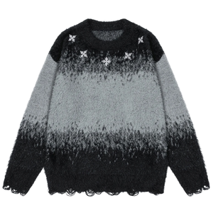 Dip-Dye Embroidered Knit Sweater with Distress