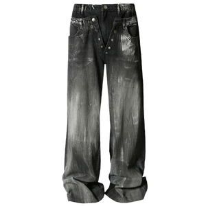 Double Waisted Acid Wash Black Denim Jeans