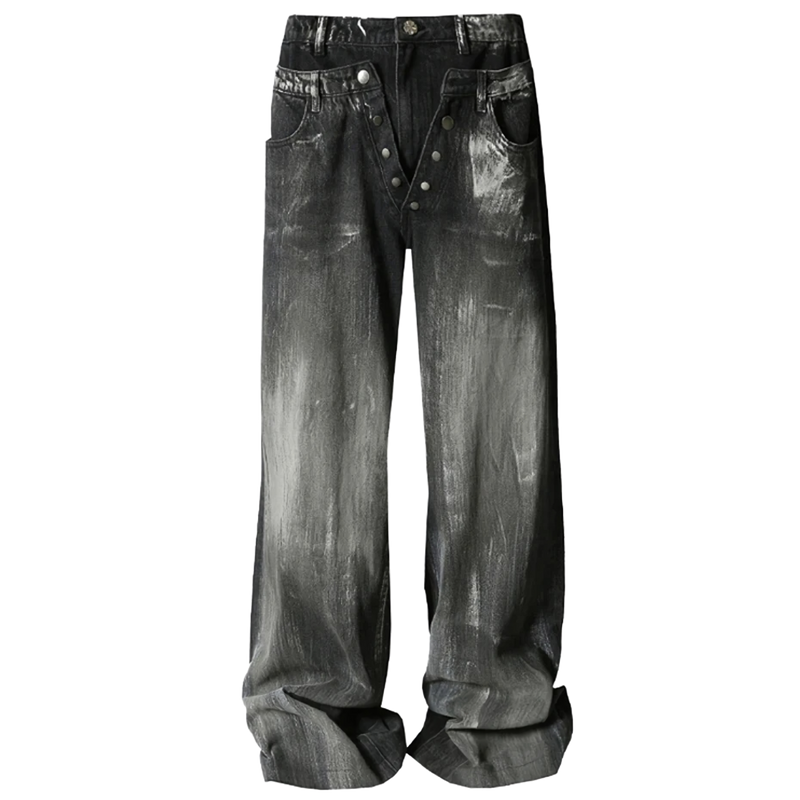 Double Waisted Acid Wash Black Denim Jeans