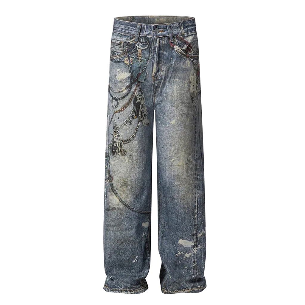 Distressed Chain-Detailed Baggy Denim Jeans