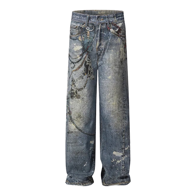 Distressed Chain-Detailed Baggy Denim Jeans