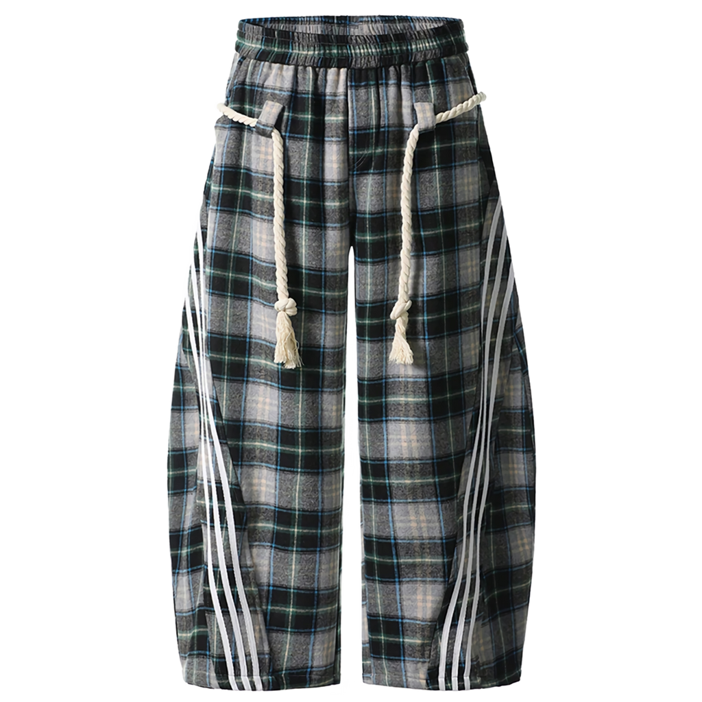 Plaid Lounge Pants with Braided Hemp Rope Belt