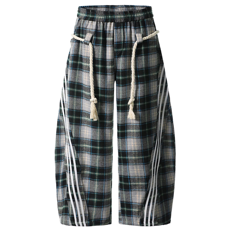 Plaid Lounge Pants with Braided Hemp Rope Belt