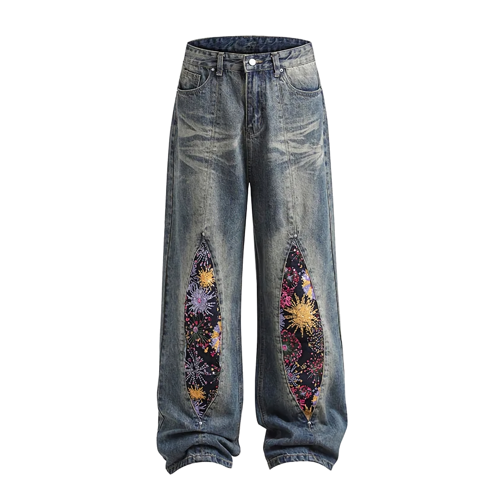 'Radiance' Embroidered Wide Leg Denim Jeans