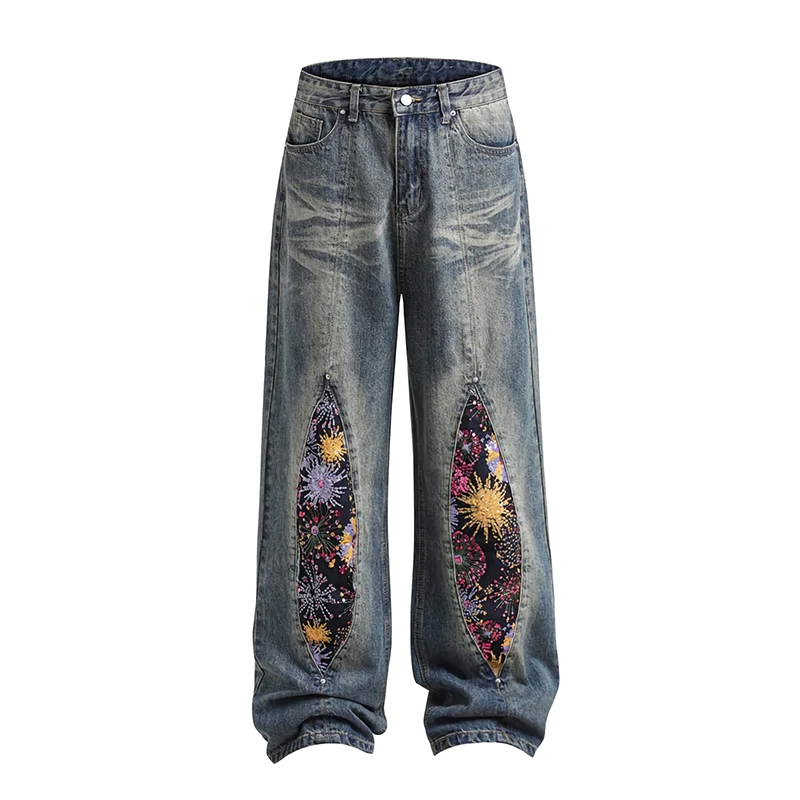 'Radiance' Embroidered Wide Leg Denim Jeans