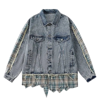 Distressed Plaid Accent Denim Jacket