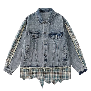 Distressed Plaid Accent Denim Jacket