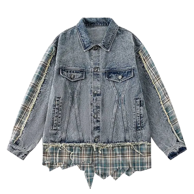 Distressed Plaid Accent Denim Jacket