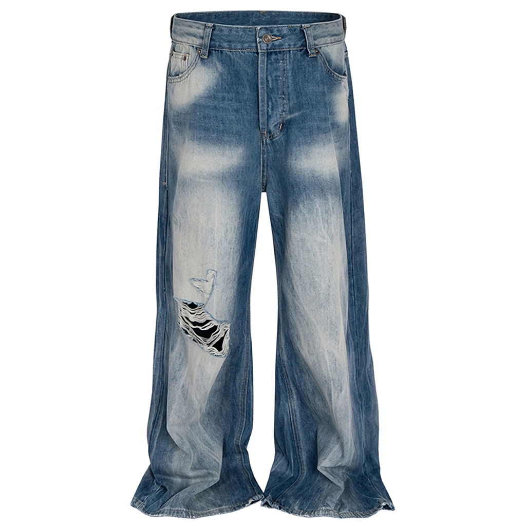 'Haze' Faded Wash Wide Leg Distressed Denim Jeans