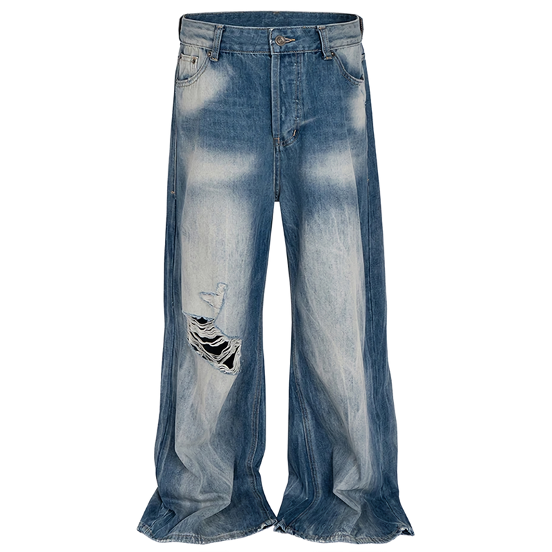 'Haze' Faded Wash Wide Leg Distressed Denim Jeans