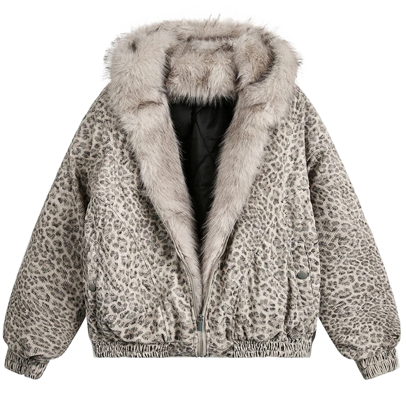 'Snow Leopard' Fur Trim Insulated Zip Up Hoodie