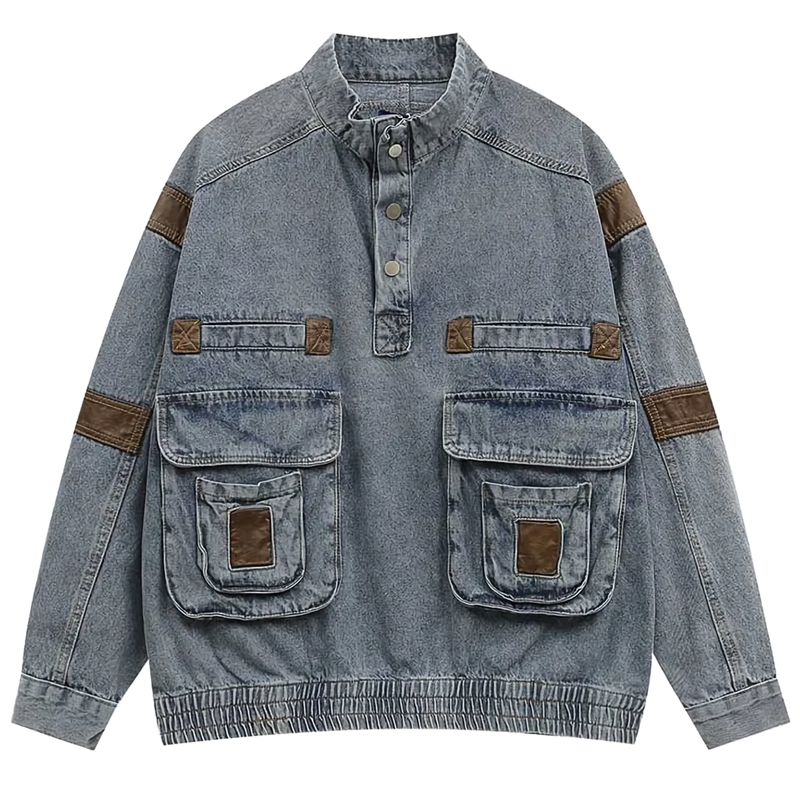 'Nomad' Leather Panel Denim Cargo Jacket