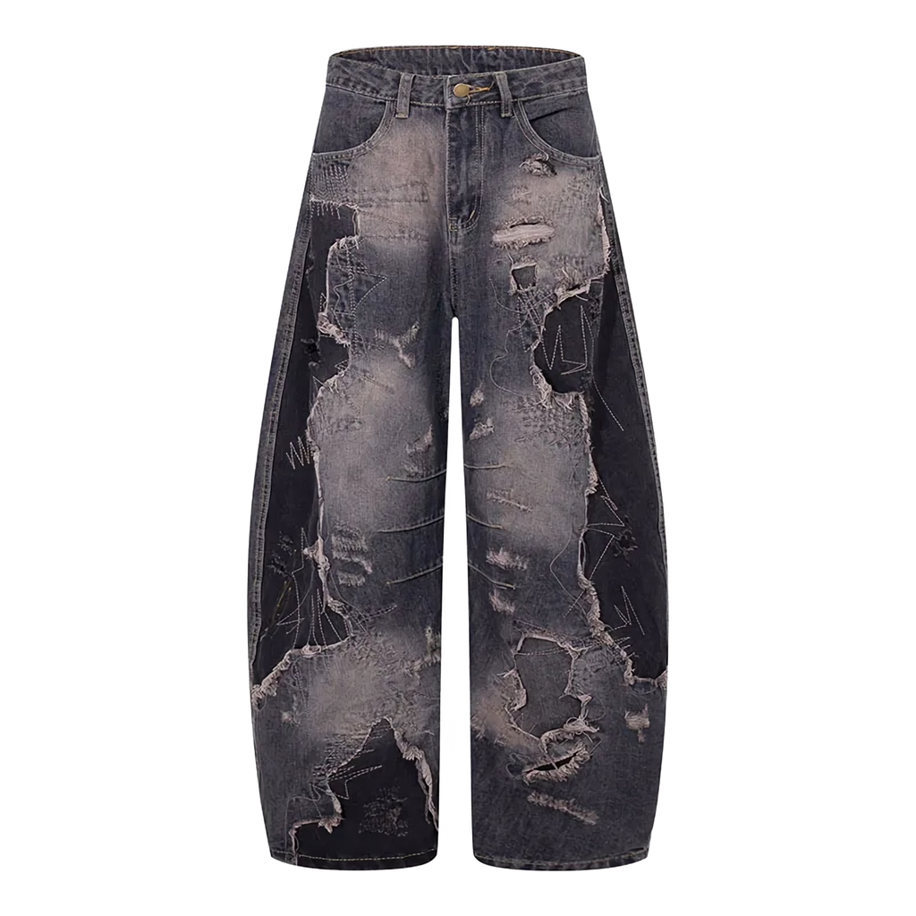 'Ruin' Charcoal Wash Distressed Wide Leg Denim Jeans