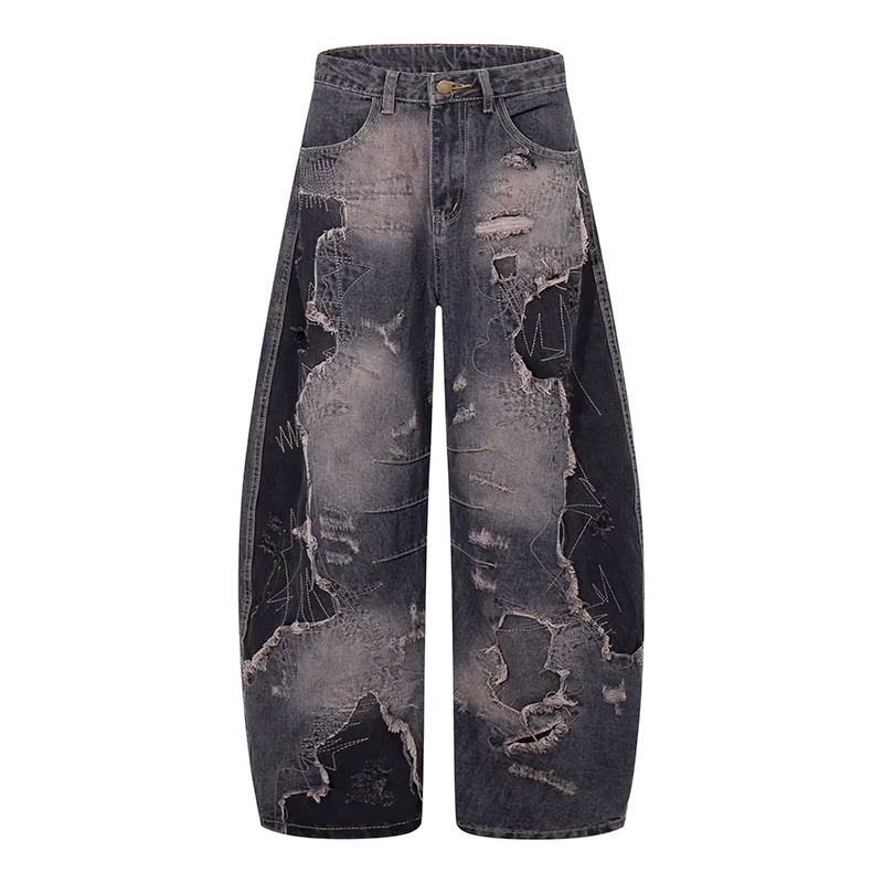 'Ruin' Charcoal Wash Distressed Wide Leg Denim Jeans