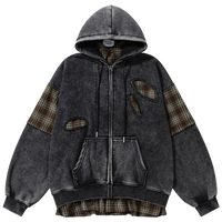 'Remnant' Plaid Trim Distressed Zip-Up Hoodie