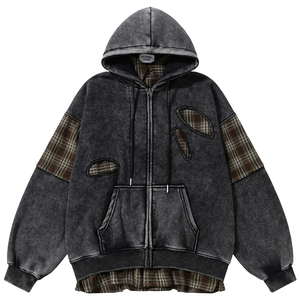 'Remnant' Plaid Trim Distressed Zip-Up Hoodie