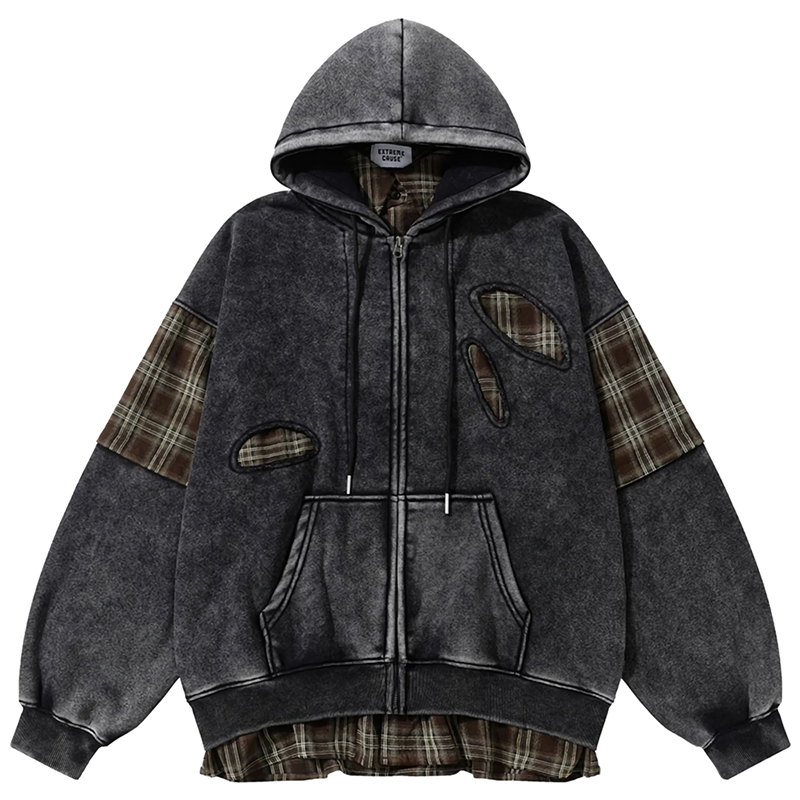 'Remnant' Plaid Trim Distressed Zip-Up Hoodie