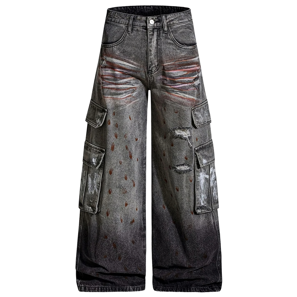 'Overspray' Distressed Wide Leg Cargo Jeans