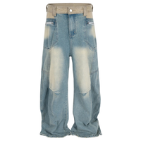 Khaki Panelled Two-Tone Baggy Denim Jeans