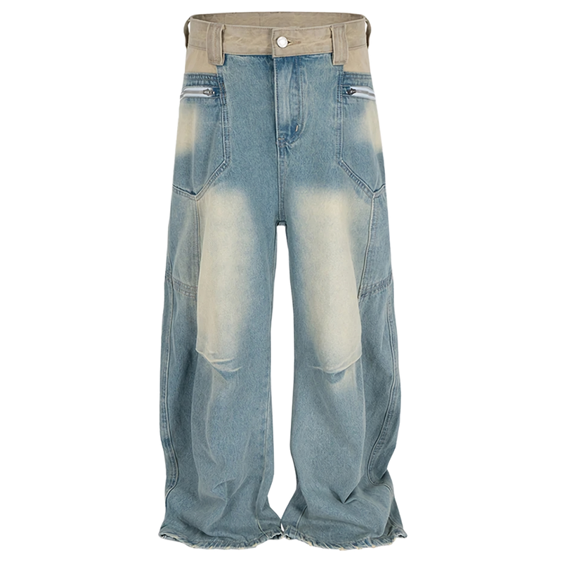 Khaki Panelled Two-Tone Baggy Denim Jeans