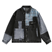 Distressed Plaid Accent Patchwork Denim Jacket