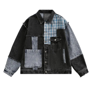 Distressed Plaid Accent Patchwork Denim Jacket