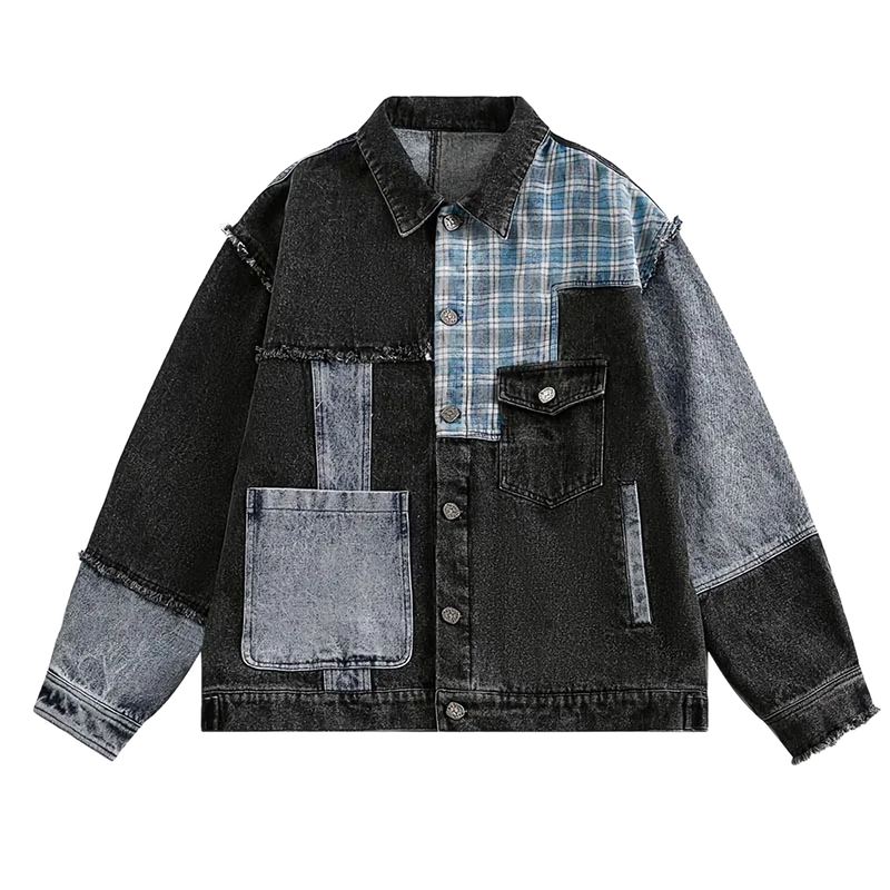 Distressed Plaid Accent Patchwork Denim Jacket