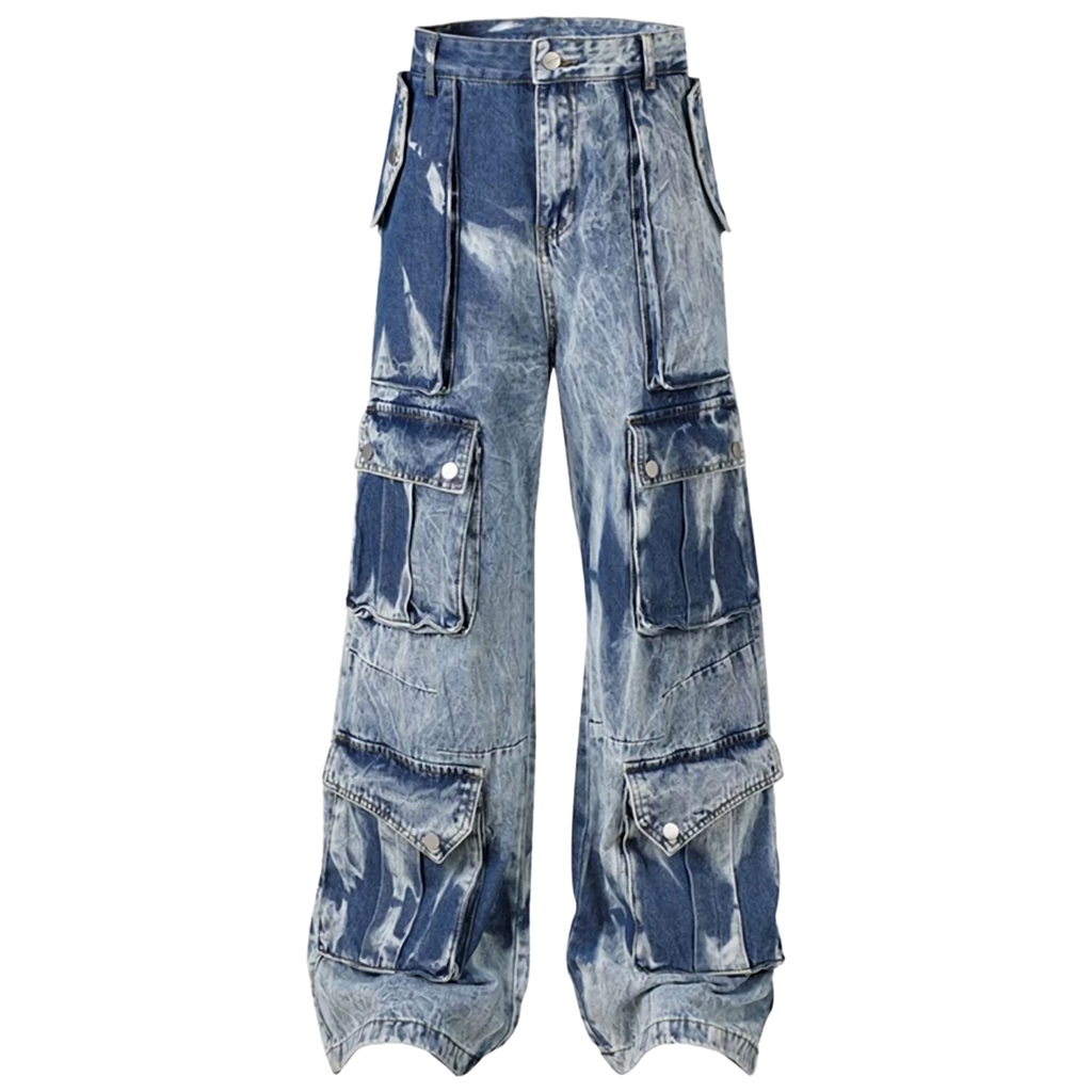 Acid Wash Wide Leg Denim Cargo Jeans