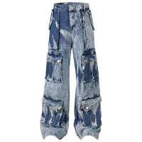 Acid Wash Wide Leg Denim Cargo Jeans