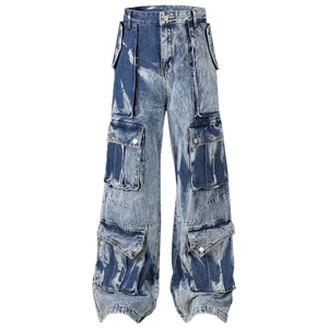 Acid Wash Wide Leg Denim Cargo Jeans