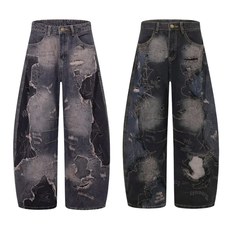 'Ruin' Charcoal Wash Distressed Wide Leg Denim Jeans