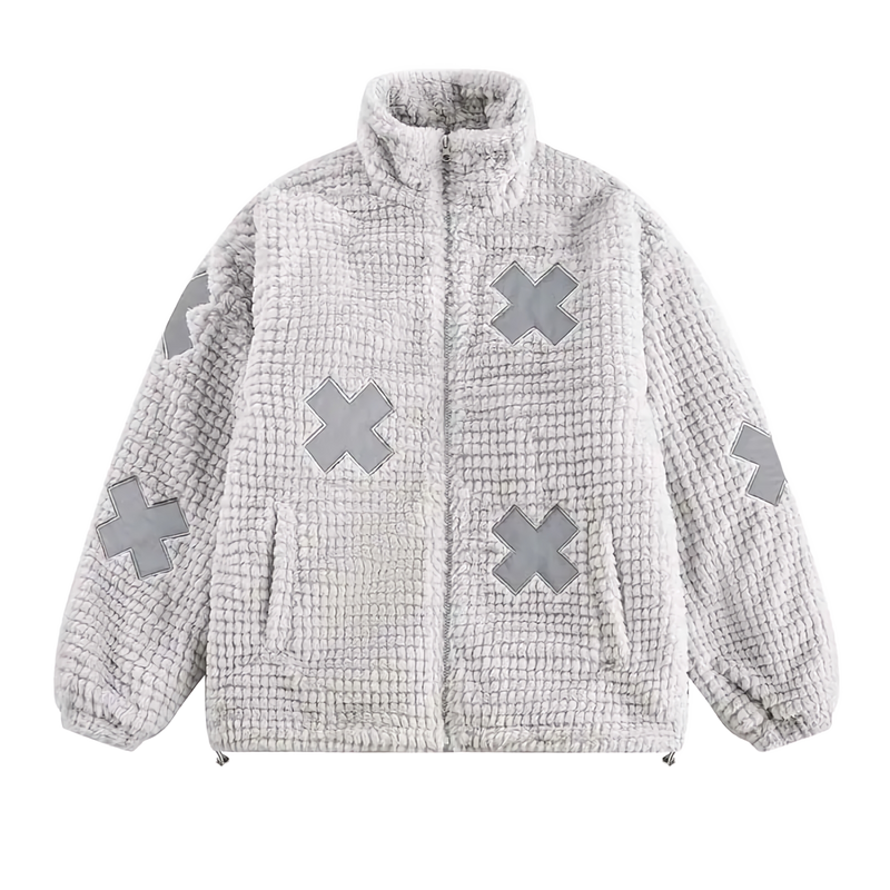 'X' Patch Embroidered Faux Fur Fleece Jacket