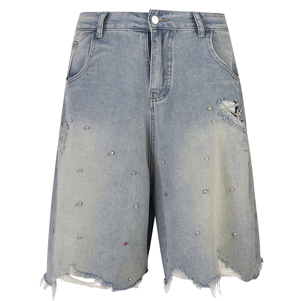 Ken Vibe Rhinestone Studded Distressed Denim Shorts