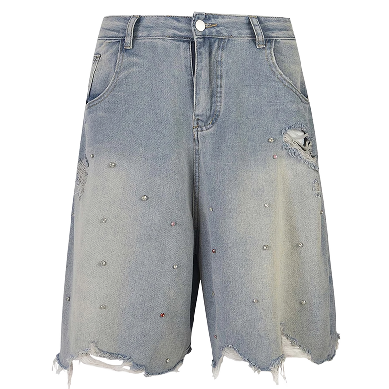 Ken Vibe Rhinestone Studded Distressed Denim Shorts