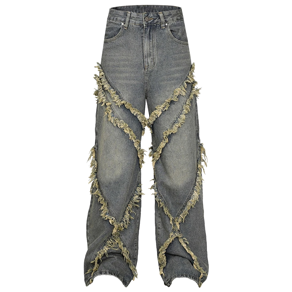 Frayed Edge Cross Stitch Flared Denim Jeans