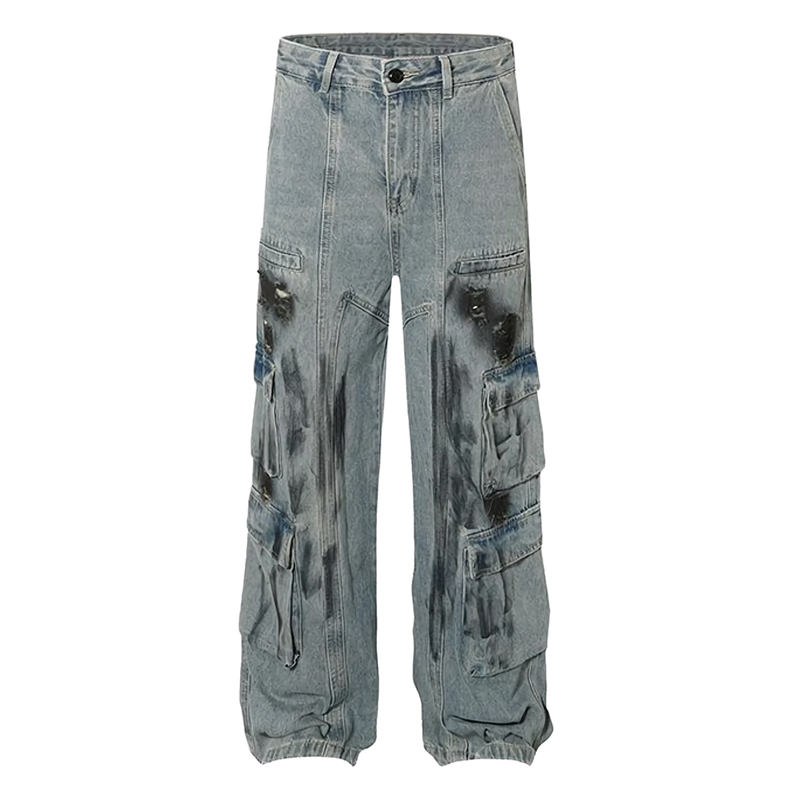 Smudged Wash Denim Cargo Jeans