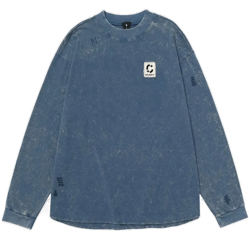 Aged Long Sleeve Cotton Tee with Distressing